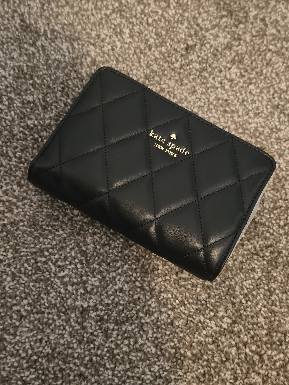 kate spade Quilted Black Leather Compact Wallet with Gold Logo Plate